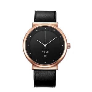 Orologio di moda unisex minimalista TOMI con cassa in oro rosa e cinturino in pelle nera