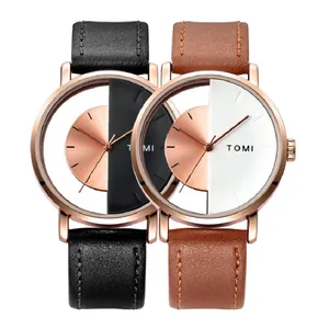 TOMI minimalist hollow quartz watch with leather strap and rose gold case