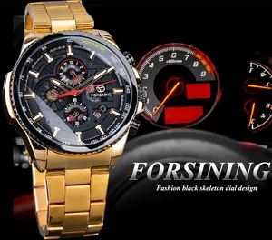 Détail de la montre mécanique dorée Forsining avec un cadran squelette noir élégant