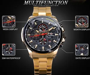 Détails rapprochés des sous-cadrans fonctionnels de la montre automatique FORSINING en or