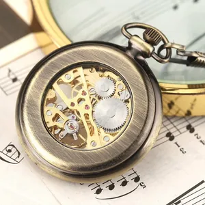Montre de gousset mécanique squelette en bronze antique avec mouvement visible