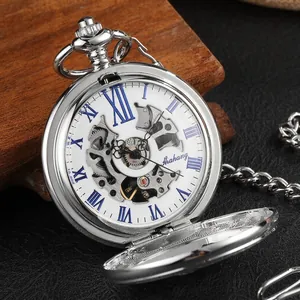Montre de poche mécanique vintage en argent avec chiffres romains bleus et chaîne