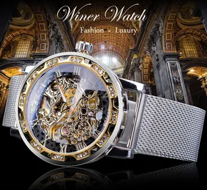 Montre mécanique Winner squelette de luxe avec lunette strass et bracelet maille.