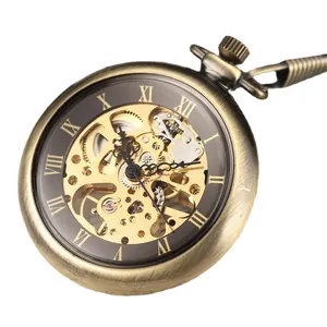 Montre à gousset mécanique squelette en bronze avec cadran à chiffres romains vintage