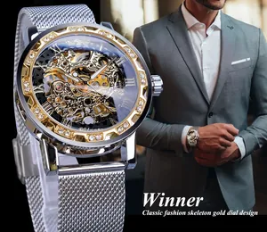 Détail de la montre mécanique squelette Winner pour homme avec bracelet en maille argent
