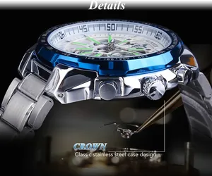 Primo piano dettagliato dell'orologio meccanico automatico T-Winner con lunetta blu