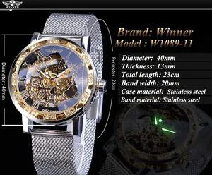 Montre mécanique manuelle squelette de luxe Winner pour homme avec bracelet en maille