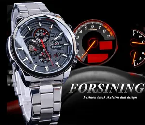 Montre mécanique automatique Forsining avec cadran squelette noir et bracelet argent.