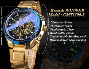 Vista dettagliata dell'orologio meccanico scheletrato T-Winner oro con specifiche e misure