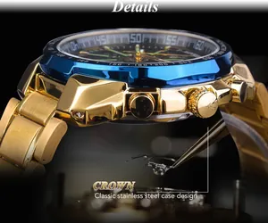 Macro dettagliata della cassa e della corona in acciaio inossidabile dorato di un orologio.