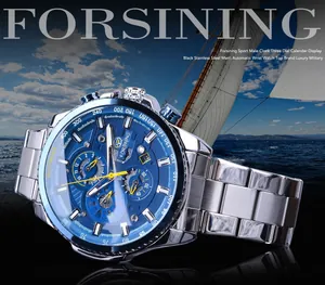 Vue détaillée de la montre automatique Forsining avec cadran bleu multifonction