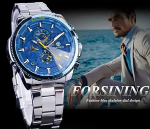 Montre mécanique automatique FORSINING pour hommes avec design de cadran bleu chic