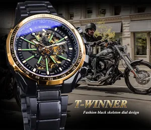 Orologio automatico T-WINNER da uomo con lunetta dorata e quadrante scheletrato nero