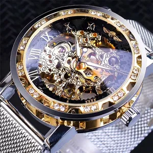 Winner Men Manual Mechanical Watch Fashion Luxury Skeleton Dial Rhinestone Bezel Alloy Mesh Band Roman Numerals Wristwatch