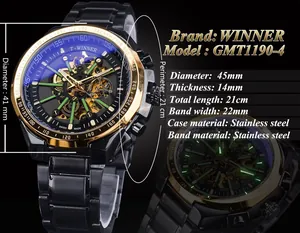 Dettagli dell'orologio meccanico scheletrato T-Winner con cinturino in acciaio
