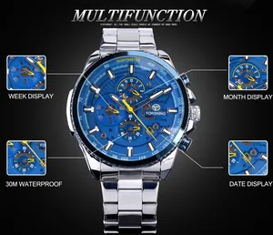 Détail de la montre mécanique automatique Forsining avec cadran bleu et affichage multifonction.