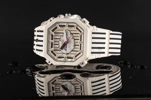 Dettaglio macro di un orologio da donna stile dopamina con strisce bianche e nere