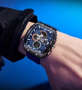 Nahaufnahme der SMAEL Tonneau Dual-Display-Sportuhr am Handgelenk getragen.