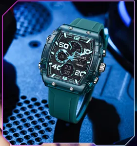Nahaufnahme der SMAEL Tonneau-Sportuhr in Petrol mit Silikonarmband und Dual-Display.