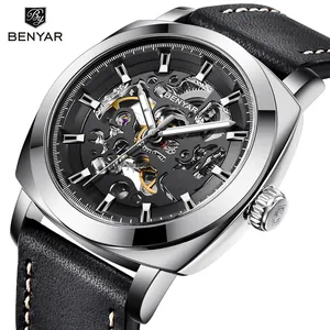BENYAR Herren Automatische Mechanische Uhr Hohles Zifferblatt Mode Business Wasserdichte Armbanduhr Mit Lederarmband Leuchtend