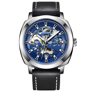 BENYAR Herren Automatik-Skelettuhr mit blauem Zifferblatt und schwarzem Lederarmband