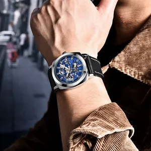 BENYAR Herren Automatik Skelettuhr mit blauem Zifferblatt und schwarzem Lederarmband