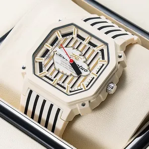 Orologio al Quarzo Donna Trendy Stile Dopamina Grande Quadrante Ottagonale Cinturino in Silicone a Righe Impermeabile Moda Studente