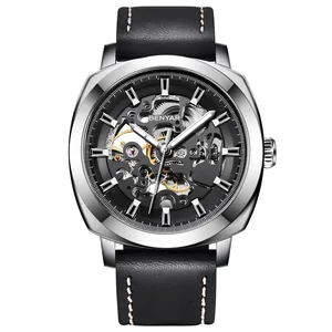 Benyar automatische mechanische Herrenuhr mit Skelettzifferblatt und schwarzem Lederband