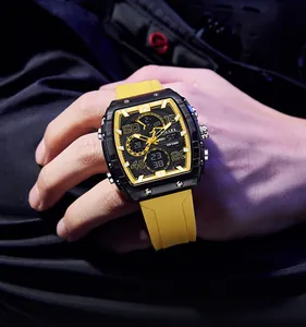 Detailansicht der SMAEL Herren-Sportuhr in Tonneau-Form mit gelbem Silikonarmband und Dual-Display
