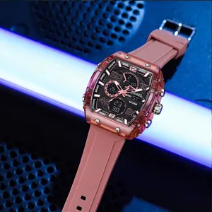SMAEL Herrenarmbanduhr rosa Tonneau-Design wasserdicht Dual-Display Silikonarmband