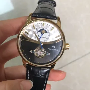 FORSINING Men's Automatic Mechanical Watch featuring Moon Phase and Black Leather Strap
