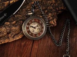 Macro view of a vintage bronze mechanical skeleton pocket watch with wood grain dial