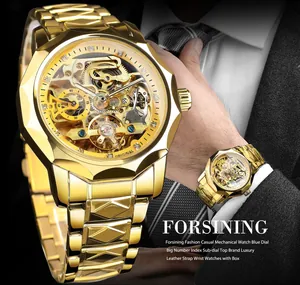 Detailed view of luxury gold mechanical watch with skeleton dial and rhinestone accents