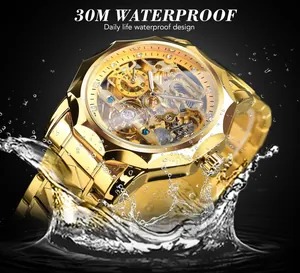 Macro shot of a golden skeleton mechanical watch splashing in water with 30m waterproof rating.