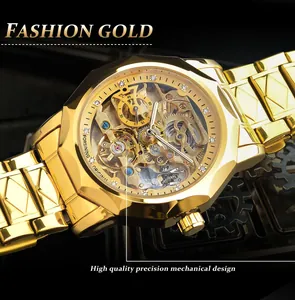 Macro detail of gold men's automatic mechanical watch with skeleton rhinestone dial