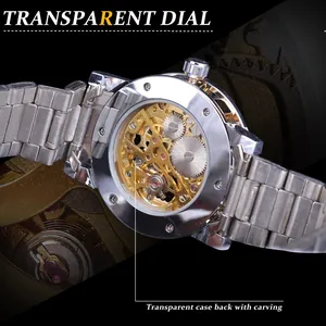 Detailed macro view of a men's mechanical watch showing the transparent case back gears.