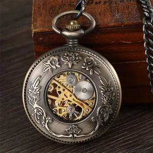 Vintage bronze mechanical pocket watch featuring Roman floral carvings and skeleton dial