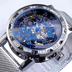 Classic silver skeleton mechanical watch for men featuring rhinestone bezel and mesh band