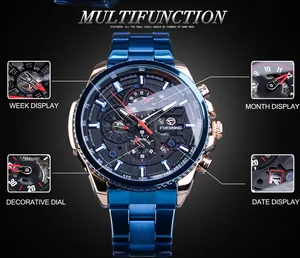 Vue détaillée de la montre automatique Forsining avec étiquettes de fonctionnalités.