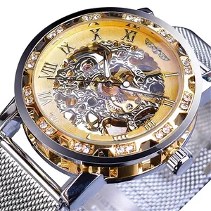 Montre mécanique manuelle squelette de luxe Winner pour homme avec strass