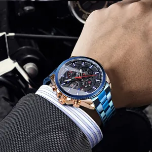 Montre automatique Forsining pour homme avec lunette bleue et boîtier en or rose