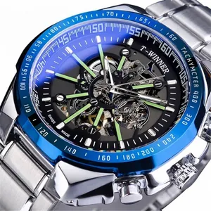 Orologio meccanico automatico T-Winner da uomo con lunetta blu e cinturino in lega argento
