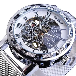 Montre mécanique squelette Winner pour homme avec bracelet en maille et cristaux