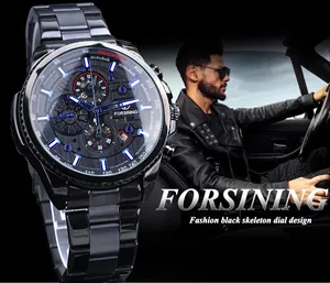 Detailansicht der Forsining Herren automatische mechanische Uhr mit schwarzem Skelett-Zifferblatt