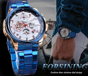 Forsining Herren Automatikuhr mit blauem Armband und weißem Skelett-Zifferblatt