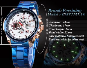 Detaillierte technische Daten der automatischen Forsining-Uhr aus blauem Edelstahl.