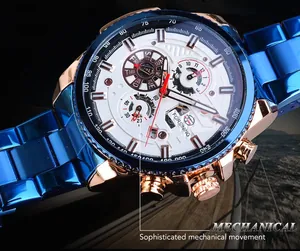 Detailansicht der automatischen mechanischen Forsining-Uhr mit blauem Band und Goldgehäuse