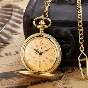 Montre à gousset rétro à quartz dorée avec chiffres romains et chaîne