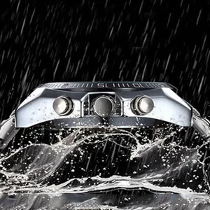Detailed view of waterproof TVG men's sports watch with professional water splash effect