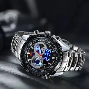 Detailed macro view of TVG men's sports watch with silver metal strap and dual display